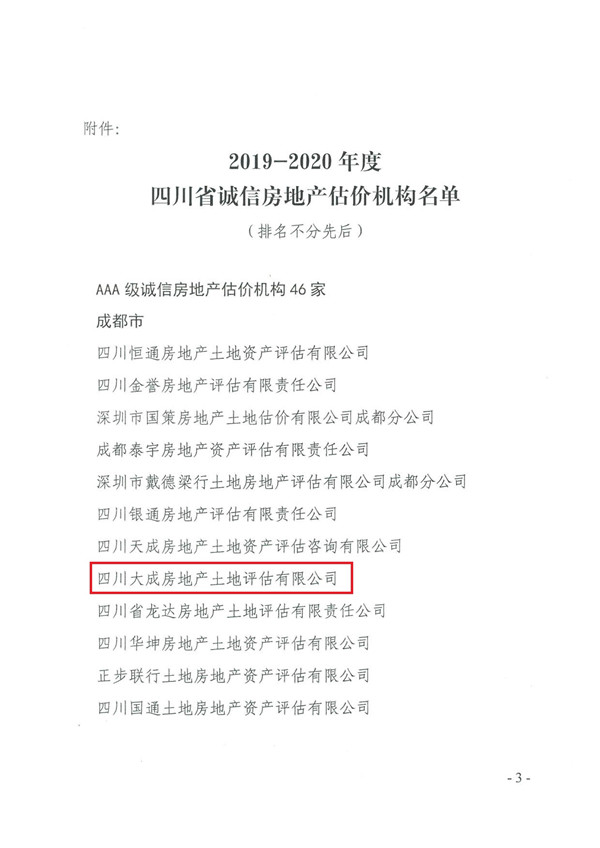 我公司榮獲“2019-2020年度四川省AAA級(jí)誠信房地產(chǎn)估價(jià)機(jī)構(gòu)”